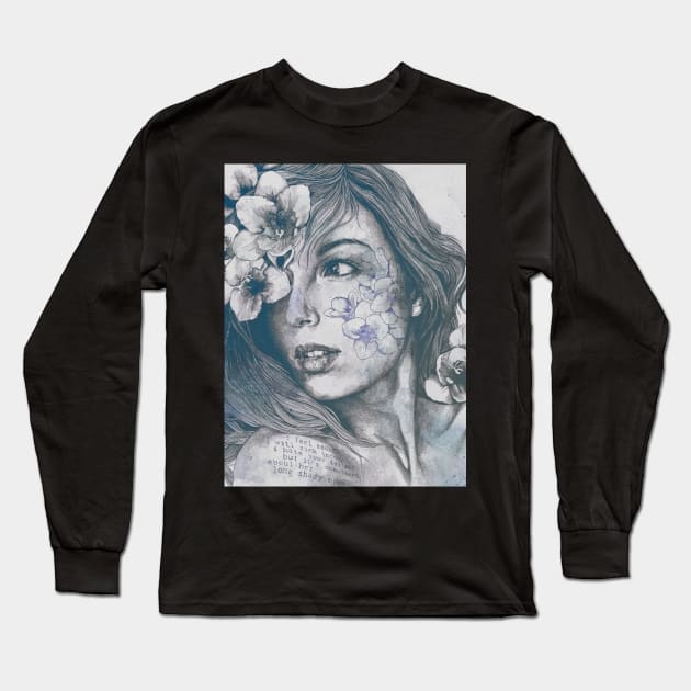 Mascara blue | woman face drawing with white flowers Long Sleeve T-Shirt by Marco Paludet Art